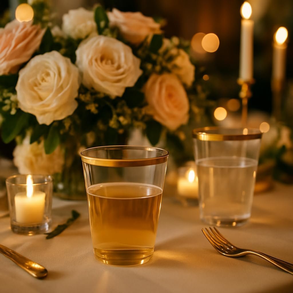 12 oz Clear With Gold Rim Disposable Plastic Cups for Halloween,Thanksgiving Day, Christmas Party - Image 2