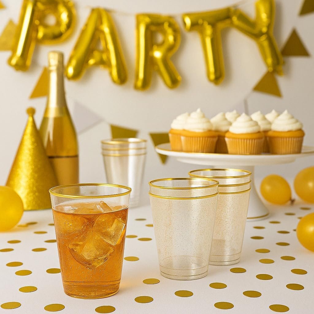 12 oz Clear With Gold Rim Disposable Plastic Cups for Halloween,Thanksgiving Day, Christmas Party - Image 4