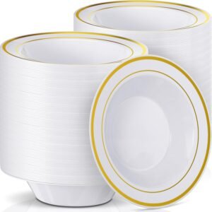 6Oz Luxury Plastic Bowls with Gold/Silver/Rose Gold Trimmed Rims Elegant Tableware for Weddings Parties Home Dining & Events