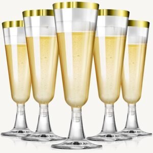 Plastic Gold Rimmed Champagne Flutes 5.5Oz Clear Hard Disposable Party Wedding Cups