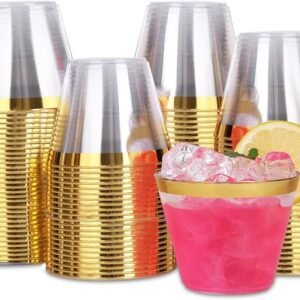 9Oz 275Ml Wholesale Gold Rim Transparent Drink Party Wedding Tableware Disposable Plastic Wine Glass Cup