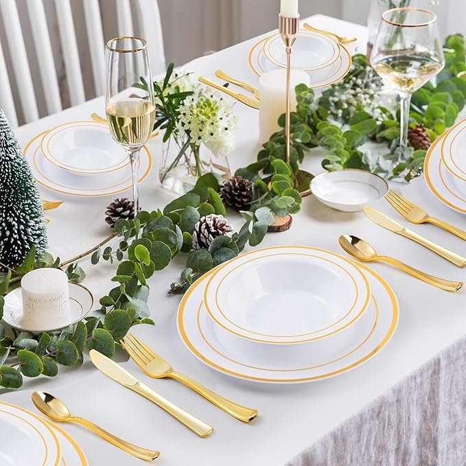 14oz Disposable Stylish Eco-Friendly Gold Silver Flat-Edged Gilding Double-Ring White Plastic Dinner Bowl for Wedding - Image 4