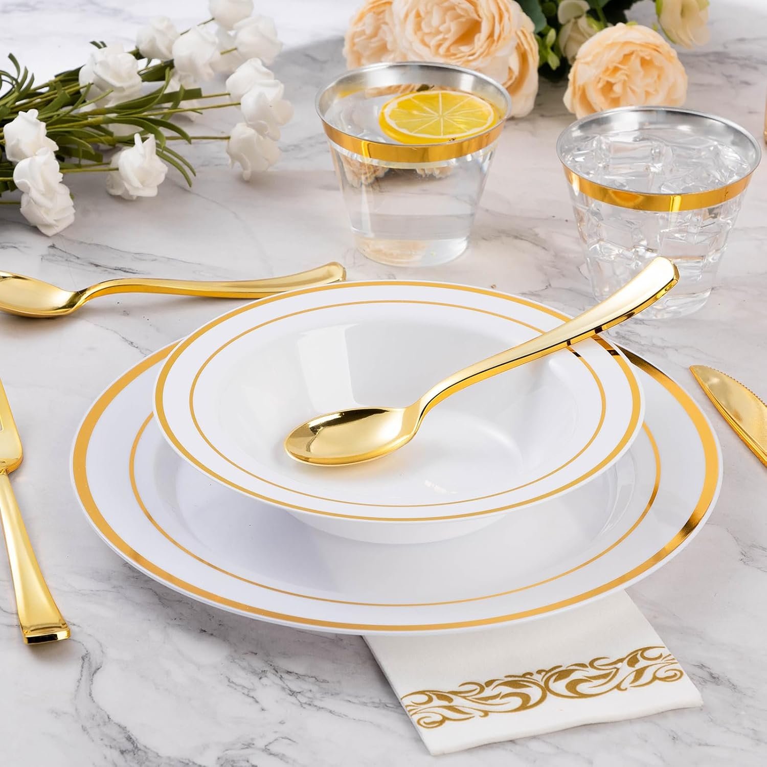 14oz Disposable Stylish Eco-Friendly Gold Silver Flat-Edged Gilding Double-Ring White Plastic Dinner Bowl for Wedding - Image 3
