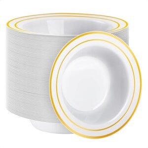 14oz Disposable Stylish Eco-Friendly Gold Silver Flat-Edged Gilding Double-Ring White Plastic Dinner Bowl for Wedding