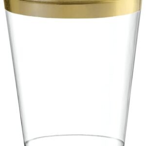 Disposable Plastic Cups 8oz Clear With Gold Rim Perfect for Wedding, Thanksgiving, Christmas, Halloween Party