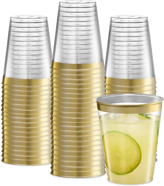 Disposable Plastic Cups 8oz Clear With Gold Rim Perfect for Wedding, Thanksgiving, Christmas, Halloween Party - Image 2