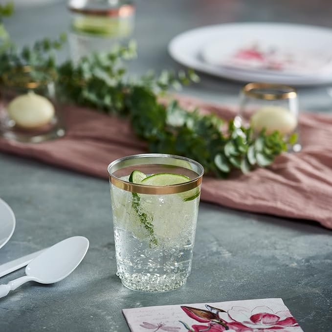 Disposable Plastic Cups 8oz Clear With Gold Rim Perfect for Wedding, Thanksgiving, Christmas, Halloween Party - Image 4