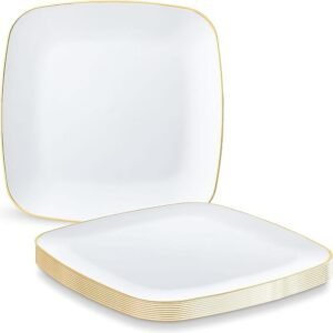 Customizable Color Gold/Silver Trimmed Plastic Square Plates Elegant Metallic Edged Rounded-Corner Serveware for Wedding Party