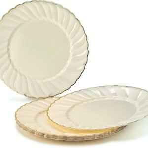 Heavy Duty Scalloped Plate with Rose Gold Rim Party Event Restaurant Custom Color Floral Rim Dinnerware Dishwasher-Safe Petal-Edged Round Plastic Plates