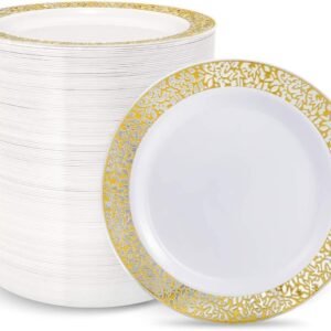 Wholesale Disposable Round Plastic Plates with Lace Edge Gold Trim Hollow-Out Design Decorative Dinnerware
